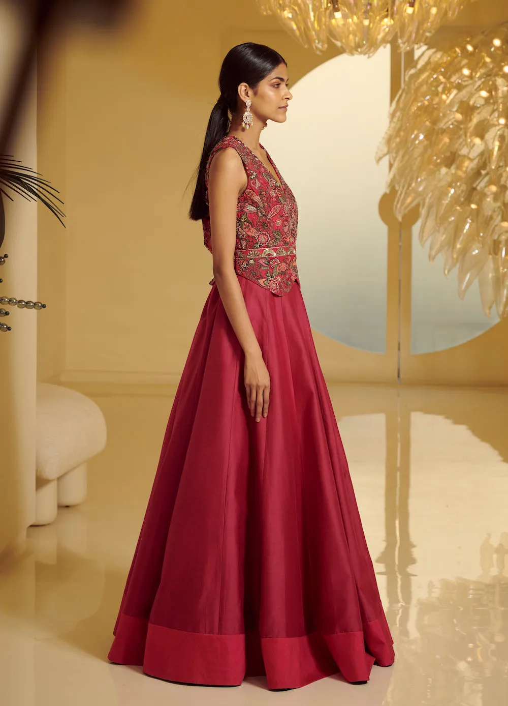 Fuchia Pink Embroidered Zille With Skirt