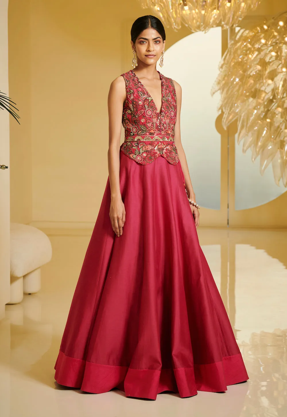 Fuchia Pink Embroidered Zille With Skirt