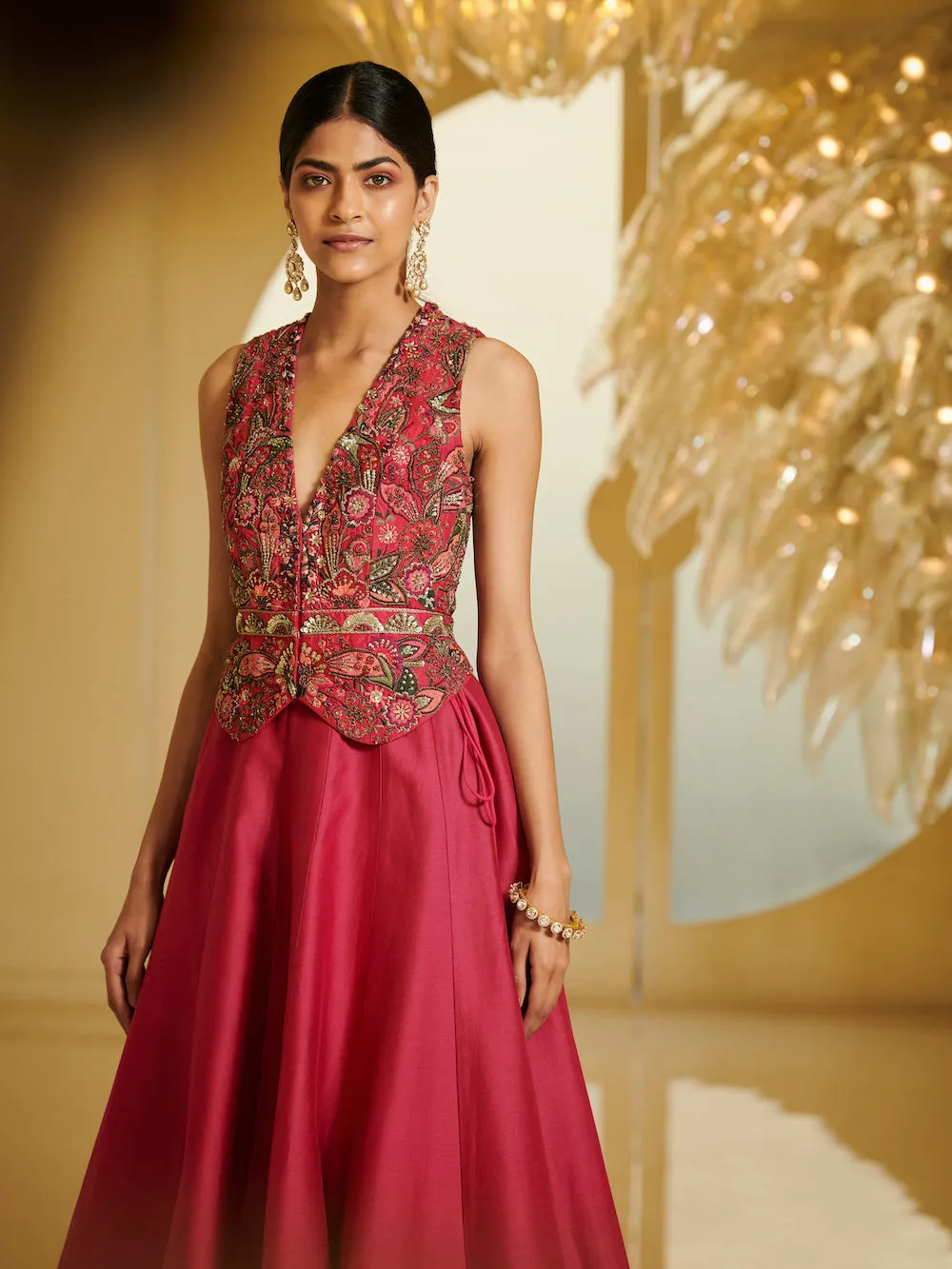 Fuchia Pink Embroidered Zille With Skirt
