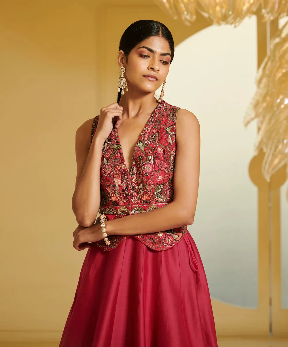 Fuchia Pink Embroidered Zille With Skirt