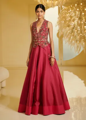 Fuchia Pink Embroidered Zille With Skirt