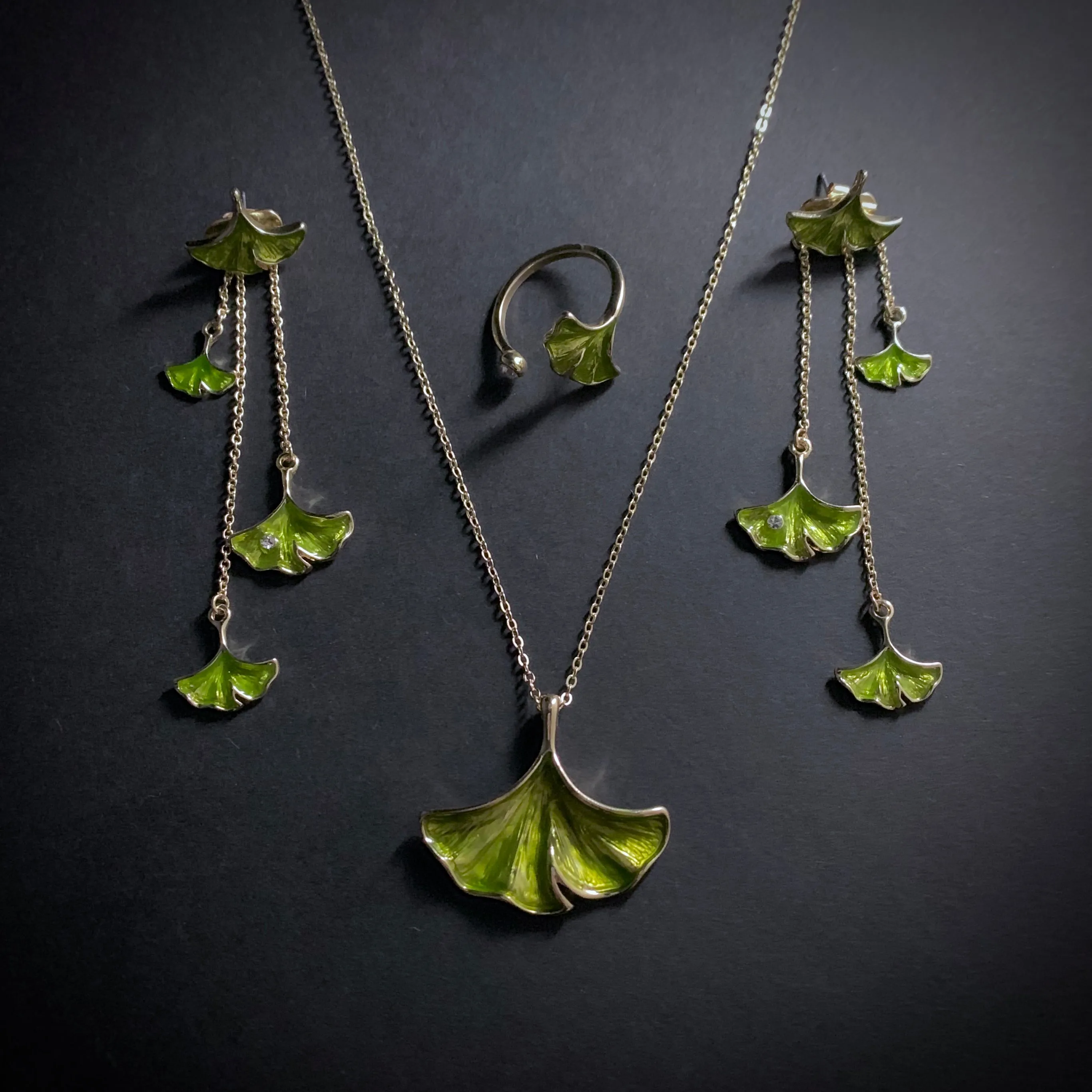 Ginkgo Leaf Enamel Stud Earrings with Ear Jacket
