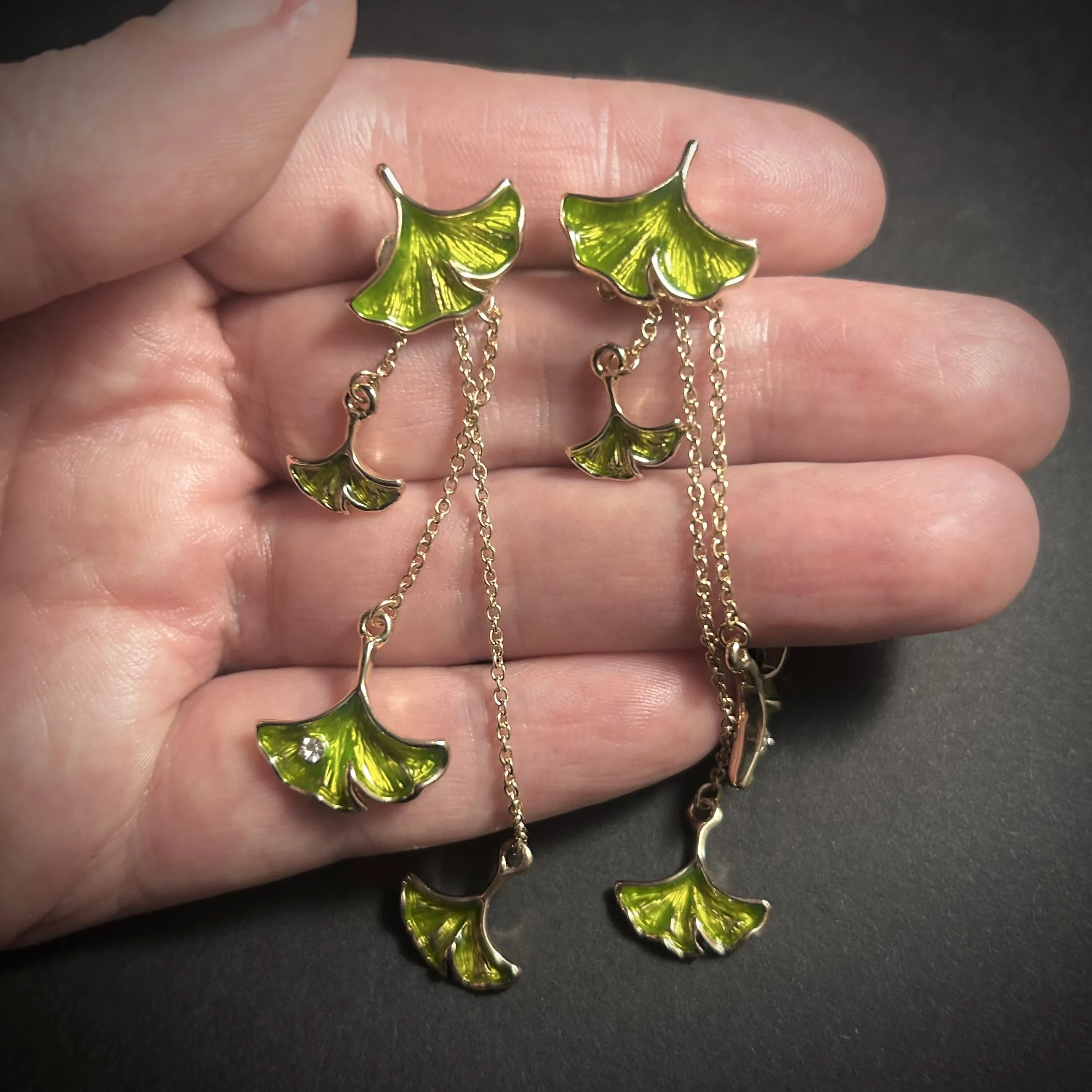 Ginkgo Leaf Enamel Stud Earrings with Ear Jacket