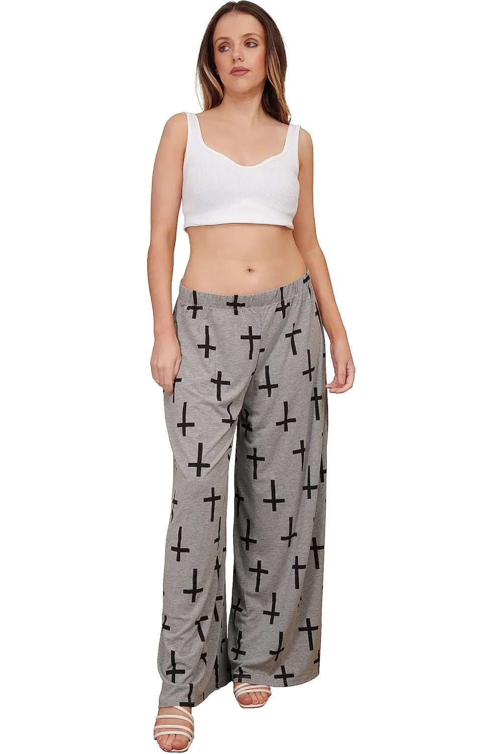 Grey Cross Print Palazzo Trouser