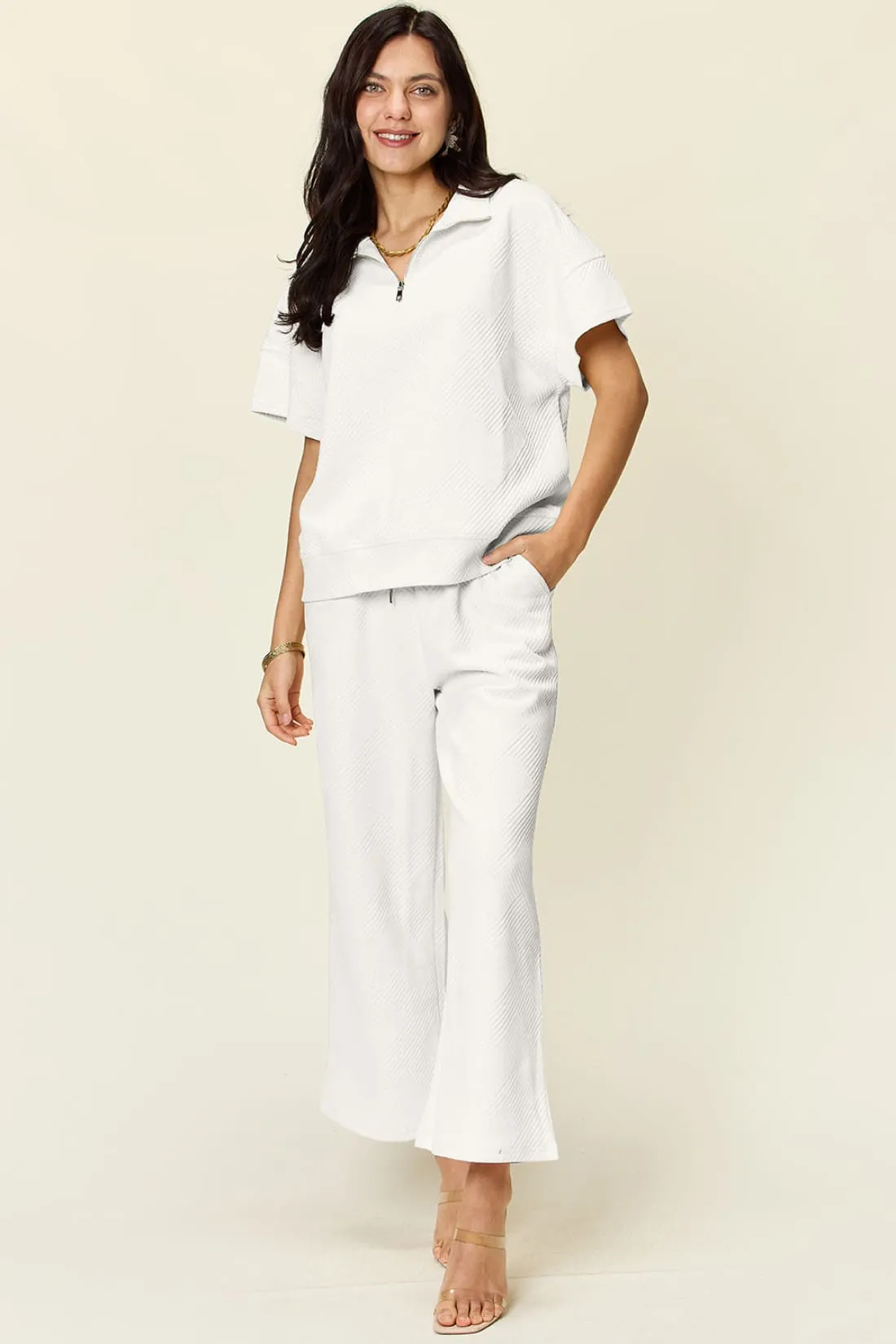 Half Zip Short Sleeve Top and Pants Set