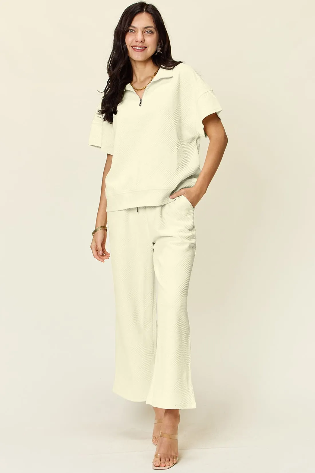 Half Zip Short Sleeve Top and Pants Set