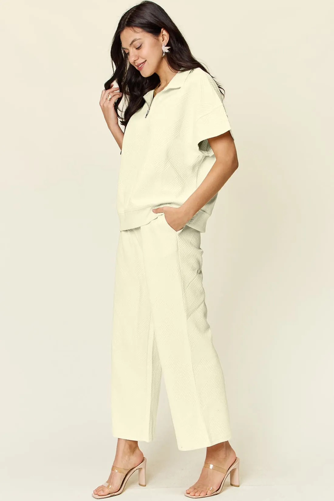Half Zip Short Sleeve Top and Pants Set