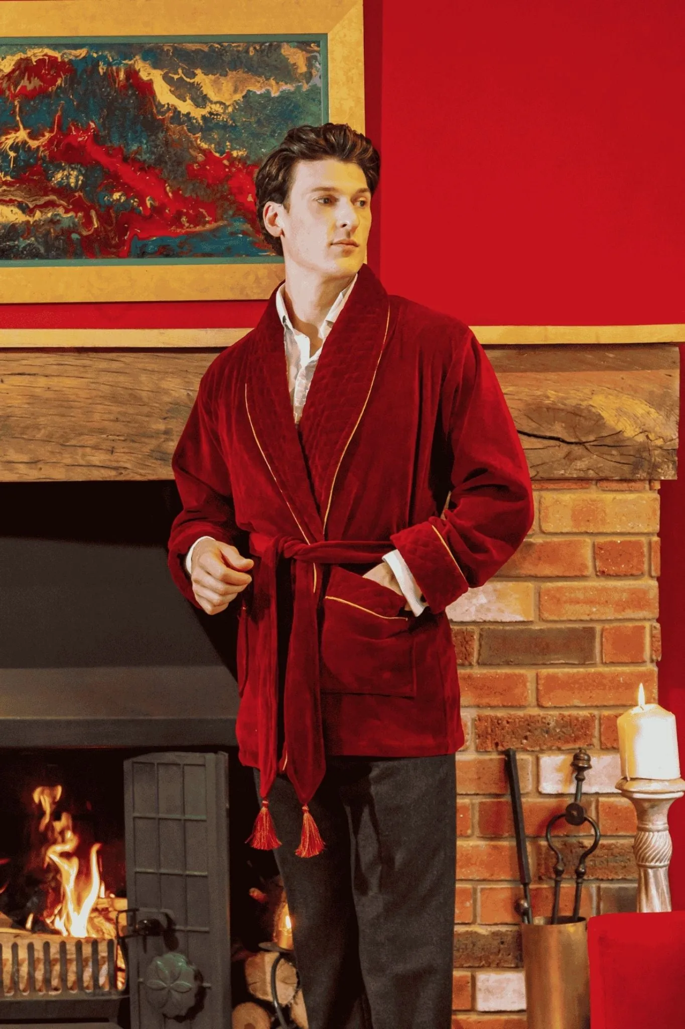 Howard Luxury Cotton Short Velvet Smoking Jacket in Burgundy