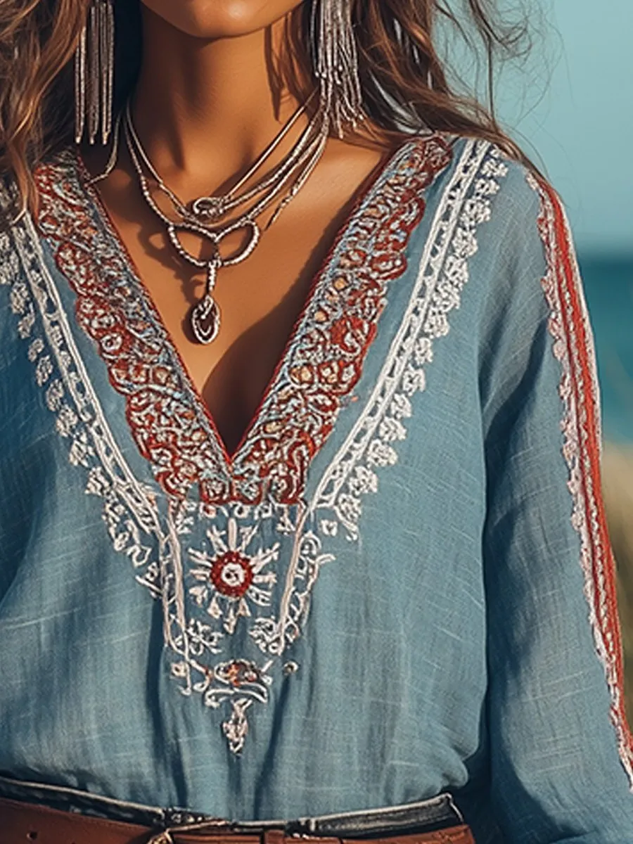 Isabella - Bohemian embroidered V-neck cotton and linen shirt