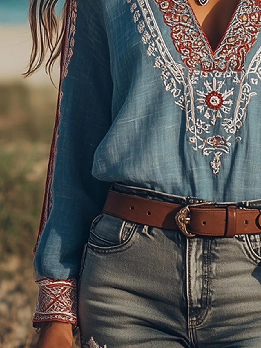 Isabella - Bohemian embroidered V-neck cotton and linen shirt