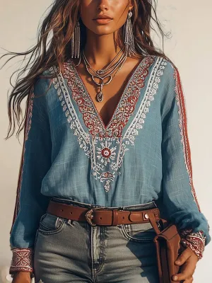 Isabella - Bohemian embroidered V-neck cotton and linen shirt