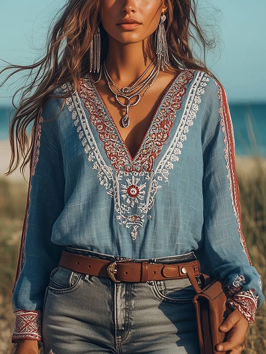 Isabella - Bohemian embroidered V-neck cotton and linen shirt