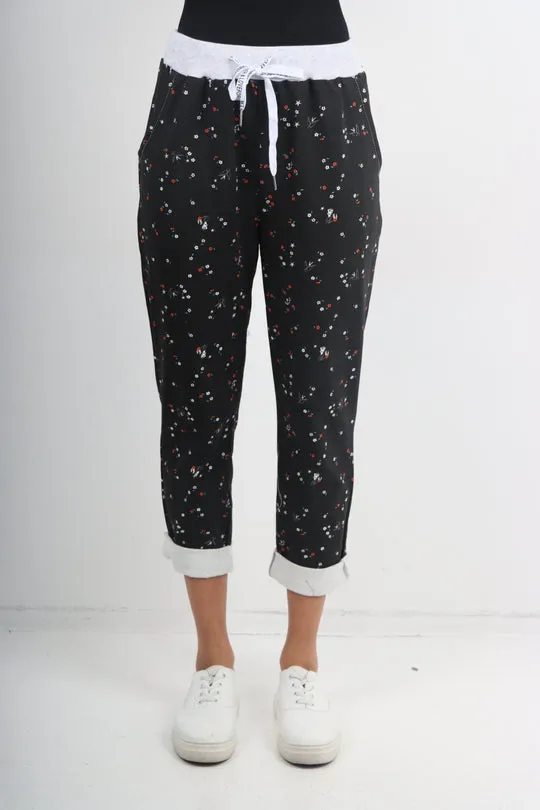 Italian Stretch Cotton Trousers ~ Black Tiny Floral ~ ONE SIZE