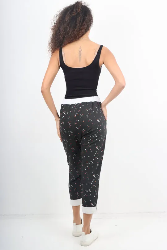 Italian Stretch Cotton Trousers ~ Black Tiny Floral ~ ONE SIZE