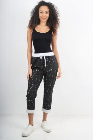 Italian Stretch Cotton Trousers ~ Black Tiny Floral ~ ONE SIZE