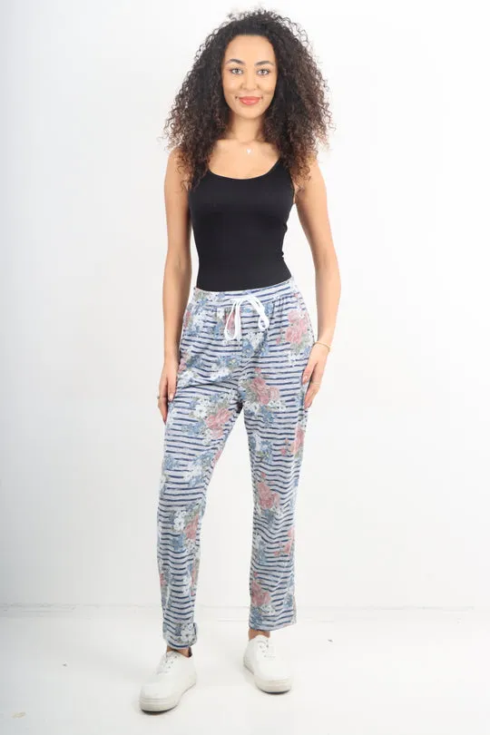 Italian Stretch Cotton Trousers ~ Stripey Floral ~ ONE SIZE