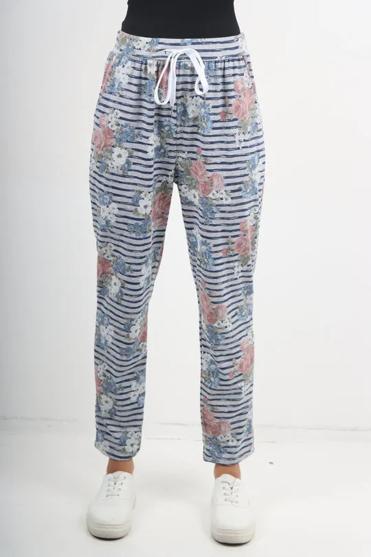 Italian Stretch Cotton Trousers ~ Stripey Floral ~ ONE SIZE