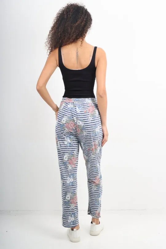 Italian Stretch Cotton Trousers ~ Stripey Floral ~ ONE SIZE