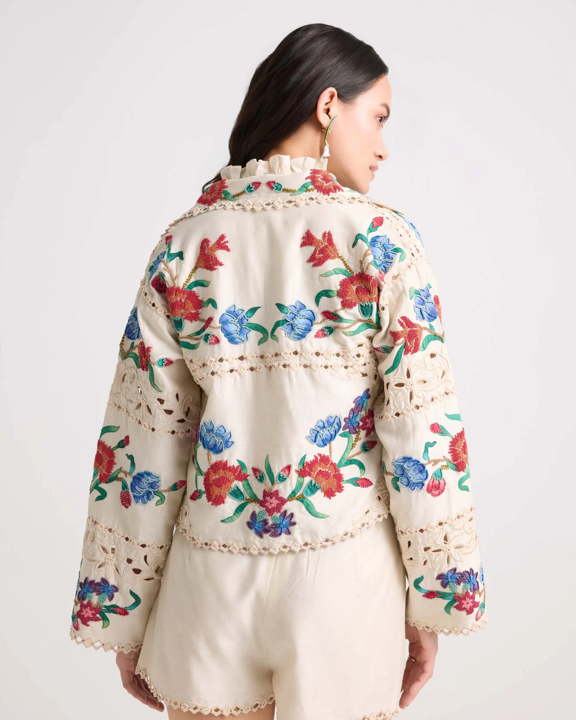 Ivory chanderi applique short jacket
