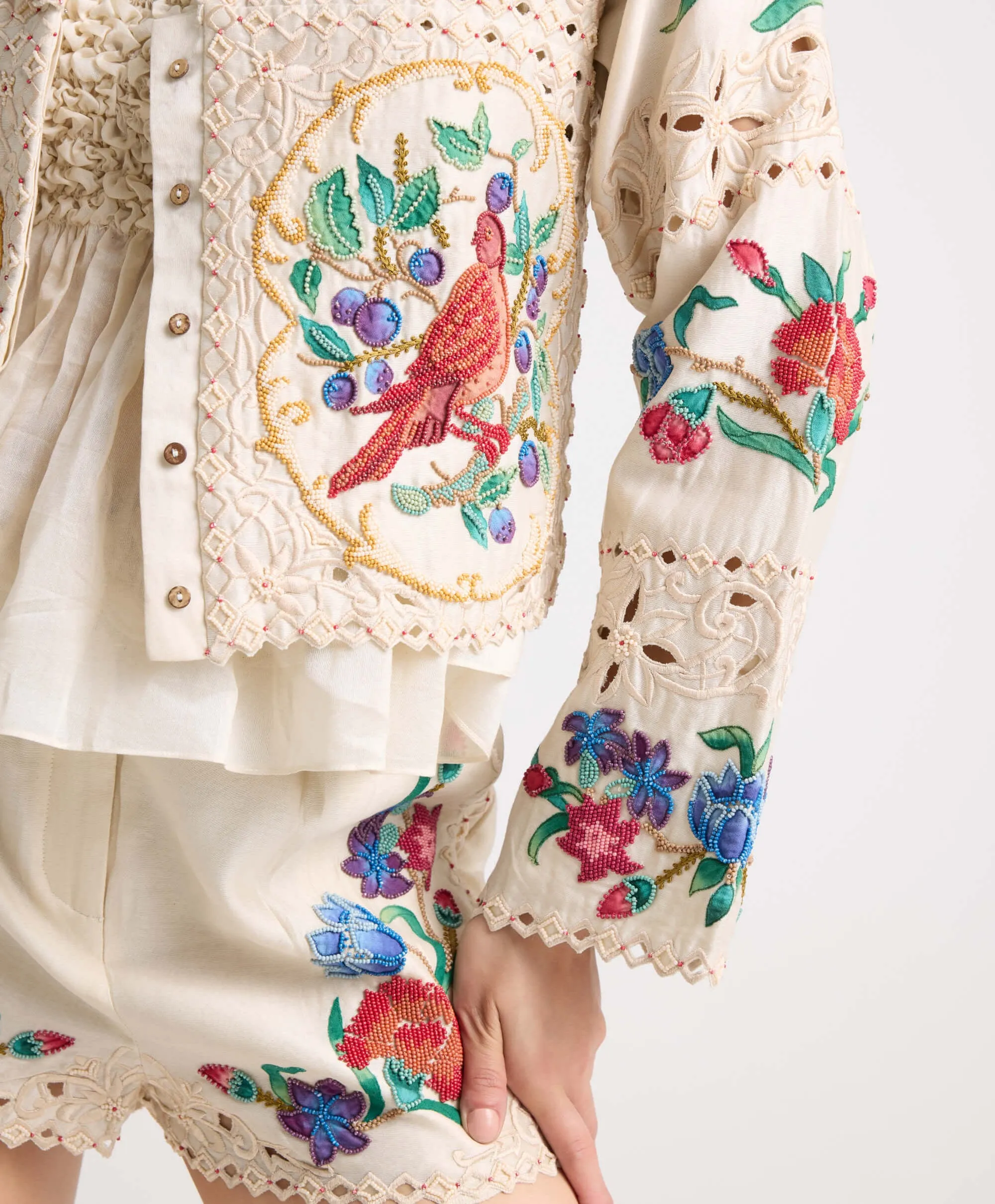 Ivory chanderi applique short jacket