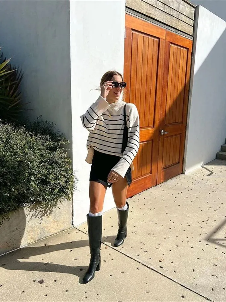 JazzHer Beige Stripe Baggy Sweater Women Pullover Streetwear Long Sleeve Knitted Tops Female Jumper Autumn Winter Loose Knitted Sweaters