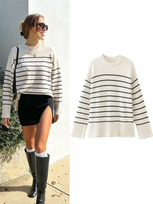 JazzHer Beige Stripe Baggy Sweater Women Pullover Streetwear Long Sleeve Knitted Tops Female Jumper Autumn Winter Loose Knitted Sweaters