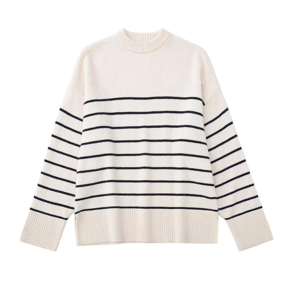JazzHer Beige Stripe Baggy Sweater Women Pullover Streetwear Long Sleeve Knitted Tops Female Jumper Autumn Winter Loose Knitted Sweaters