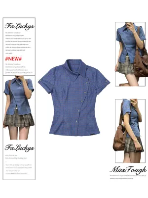 JazzHer Sweet Cool All-match Blue Plaid Shirts Women Y2k Retro E-Girl Loose Short Sleeve Blouses 2025 Summer New Lapel Neck Blusas Mujer