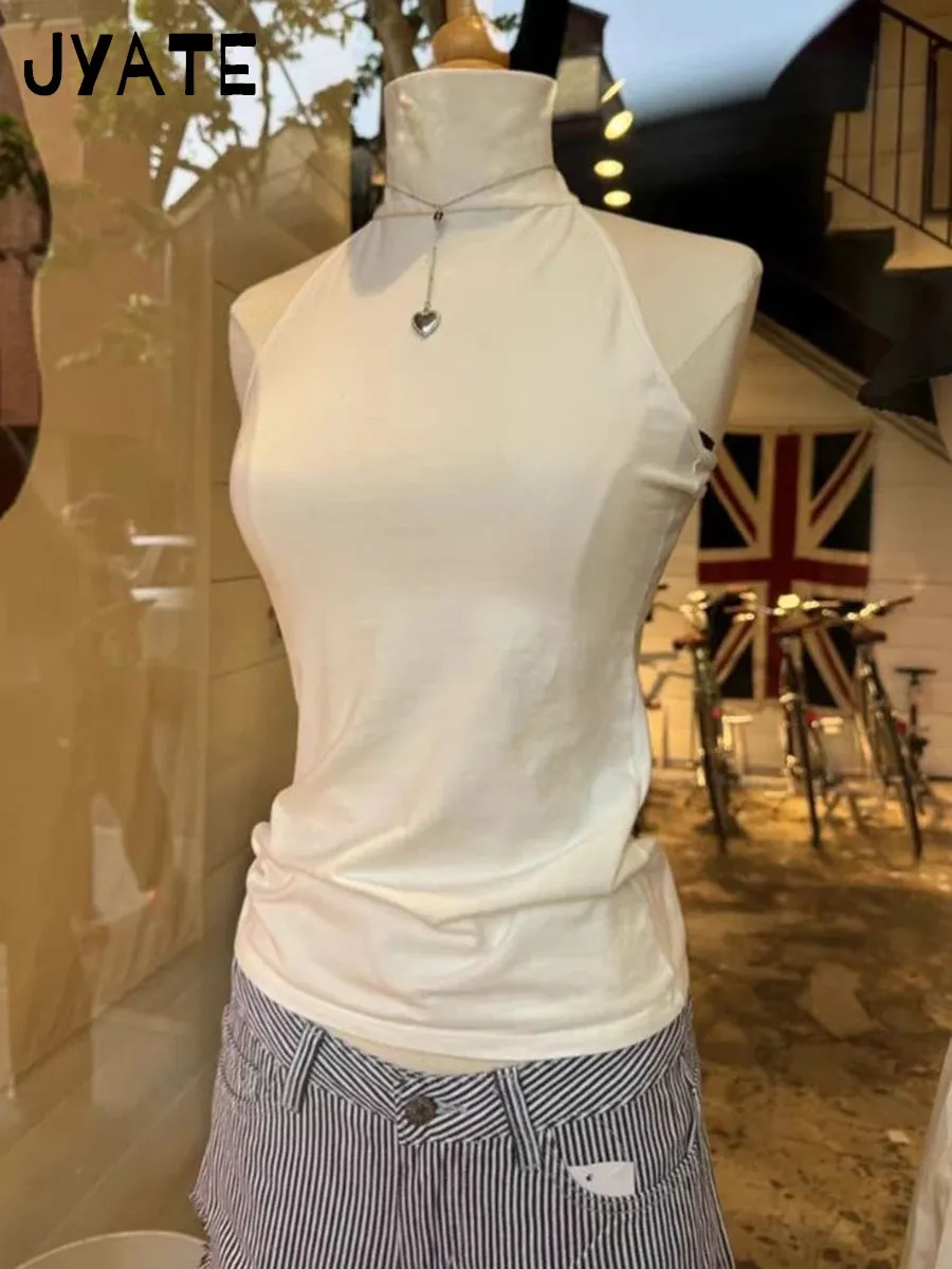 JazzHer Sweet White Halter Turtleneck Knitted Tank Tops Women New Cotton Soft Backless Sexy Camis Preppy Style Vintage Basic Vests Y2K
