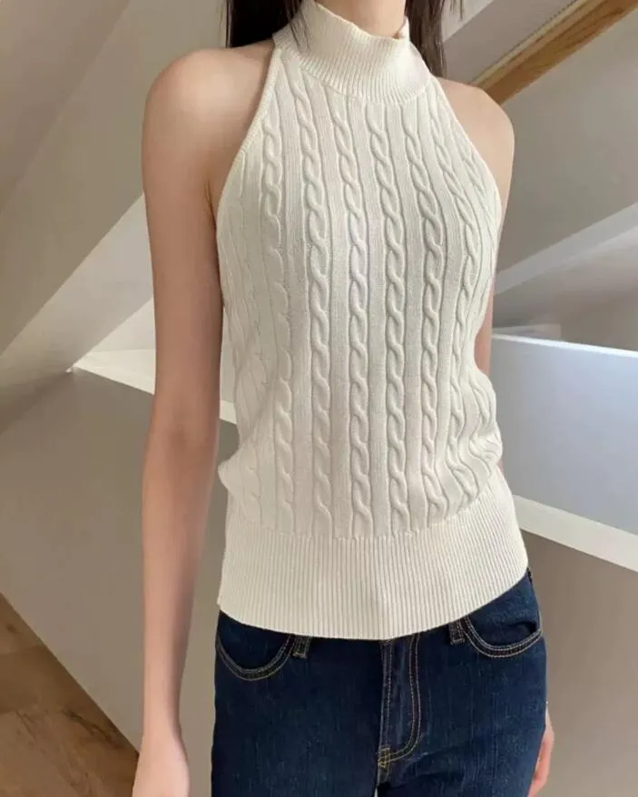 JazzHer Sweet White Halter Turtleneck Knitted Tank Tops Women New Cotton Soft Backless Sexy Camis Preppy Style Vintage Basic Vests Y2K