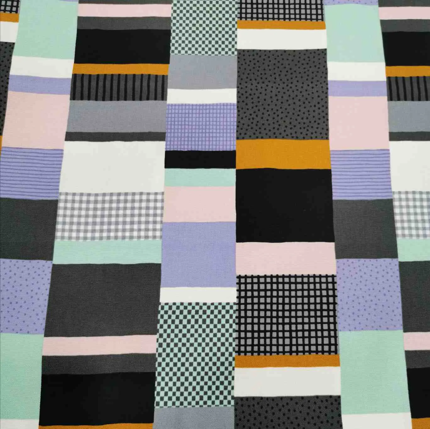 Kokka Cotton Oxford, Striped Patchwork, Black