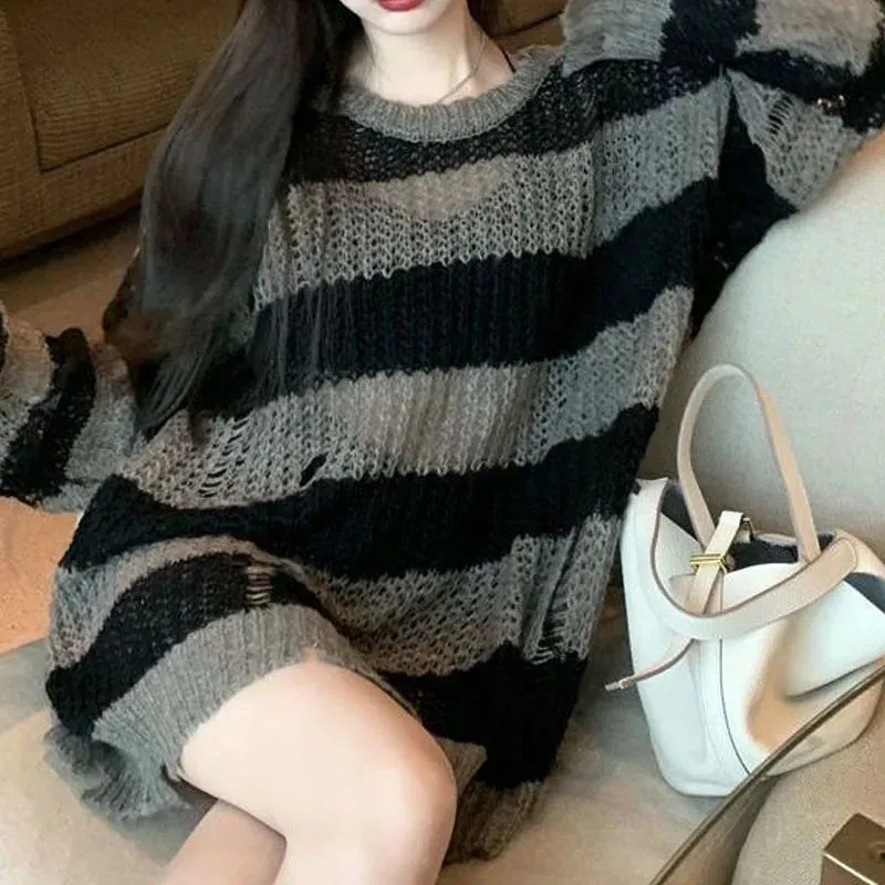Korean Loose Hole Hollow Out Sweaters Spring Autumn Women's Clothing New Fashionable Trend Long Sleeve Striped Knitted Pullover