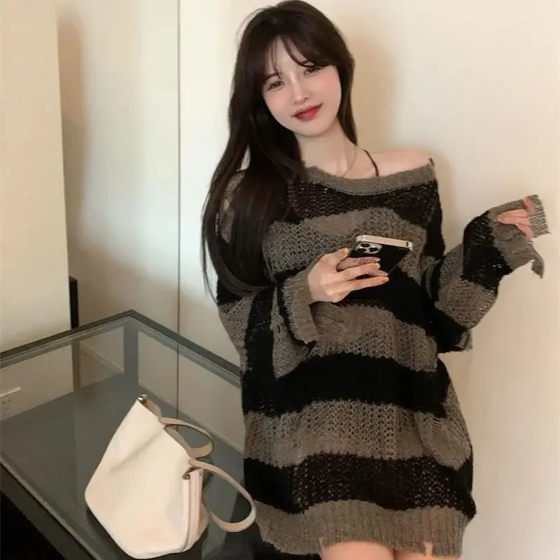 Korean Loose Hole Hollow Out Sweaters Spring Autumn Women's Clothing New Fashionable Trend Long Sleeve Striped Knitted Pullover