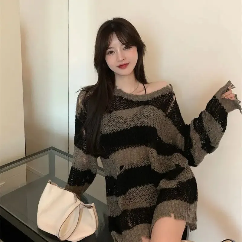 Korean Loose Hole Hollow Out Sweaters Spring Autumn Women's Clothing New Fashionable Trend Long Sleeve Striped Knitted Pullover