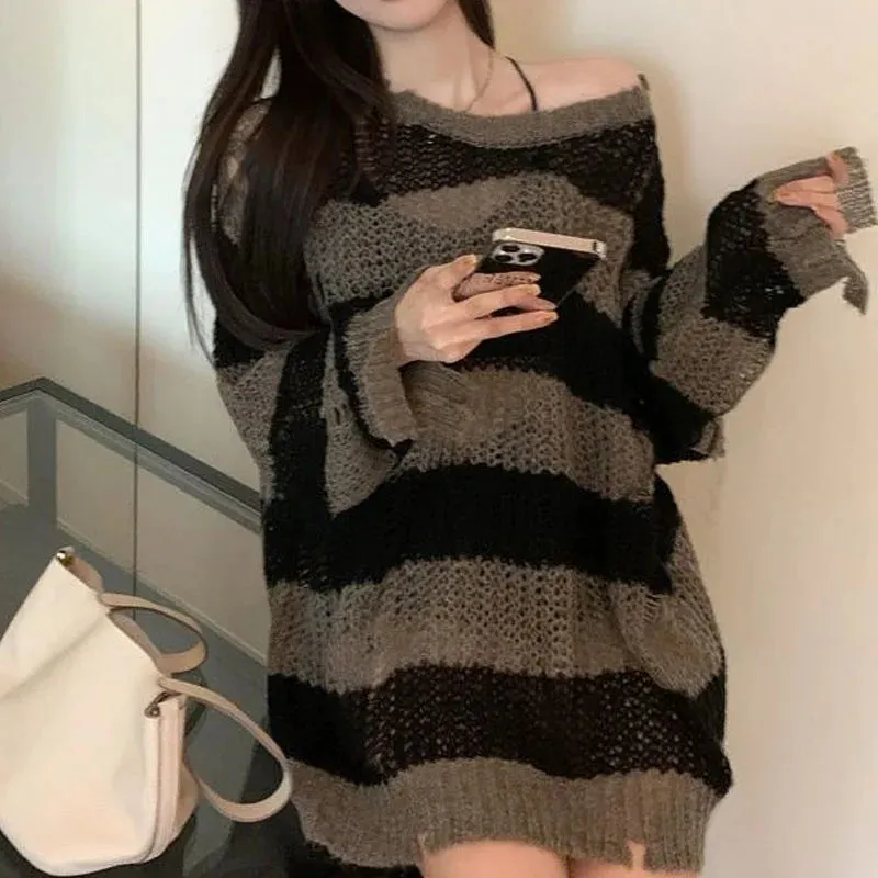 Korean Loose Hole Hollow Out Sweaters Spring Autumn Women's Clothing New Fashionable Trend Long Sleeve Striped Knitted Pullover