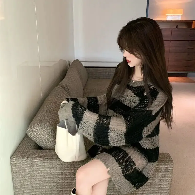 Korean Loose Hole Hollow Out Sweaters Spring Autumn Women's Clothing New Fashionable Trend Long Sleeve Striped Knitted Pullover