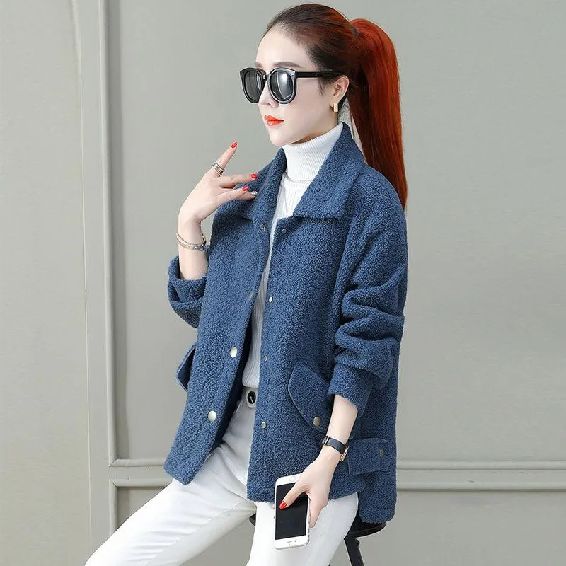 Lamb Hair Short Women's Jacket Autumn and Winter Fashion Loose Fur One Thickened Grain Fleece Top
