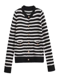 Lionel Black and White Stripes Crew Neck Knitted Long Sleeves Sweater Top with Pockets