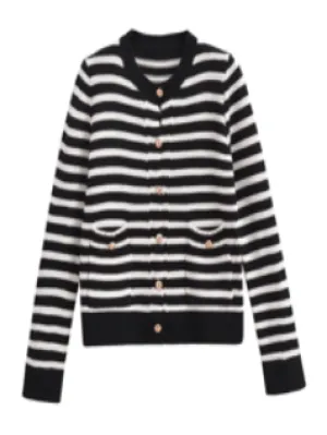 Lionel Black and White Stripes Crew Neck Knitted Long Sleeves Sweater Top with Pockets
