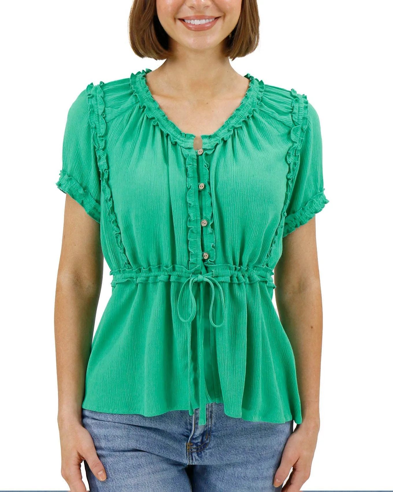 Lola Frilly Button Front Top in Spring Green