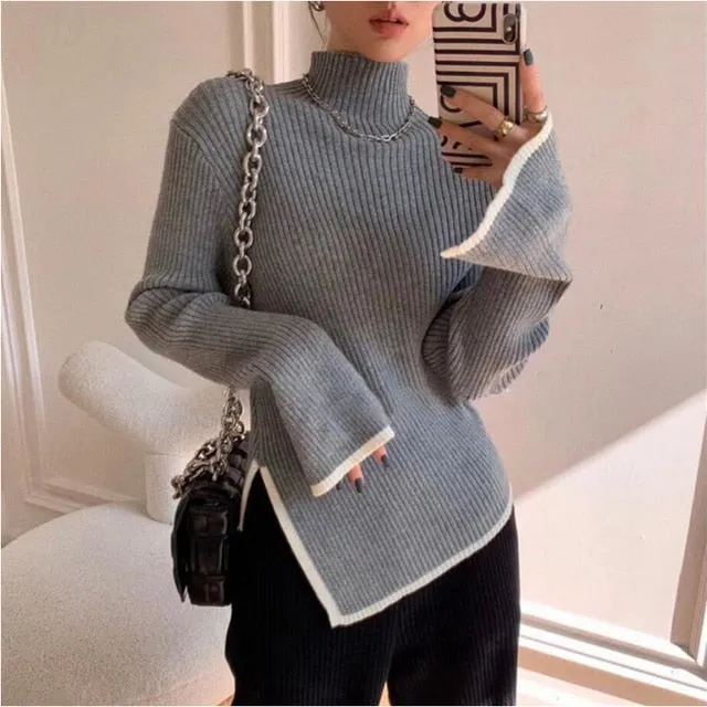 Long Flare Sleeve Basic Knit Sweaters