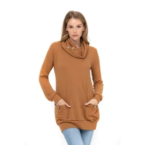 Long Sleeve Cowl Neck Tunic Top with Pockets -Camel