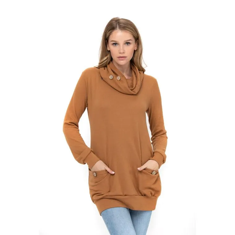 Long Sleeve Cowl Neck Tunic Top with Pockets -Camel