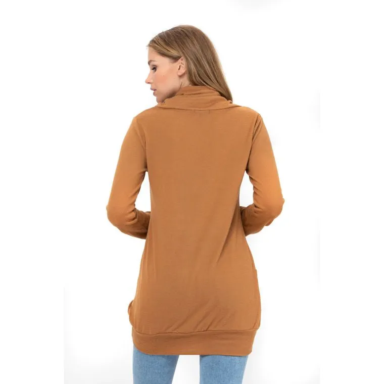 Long Sleeve Cowl Neck Tunic Top with Pockets -Camel