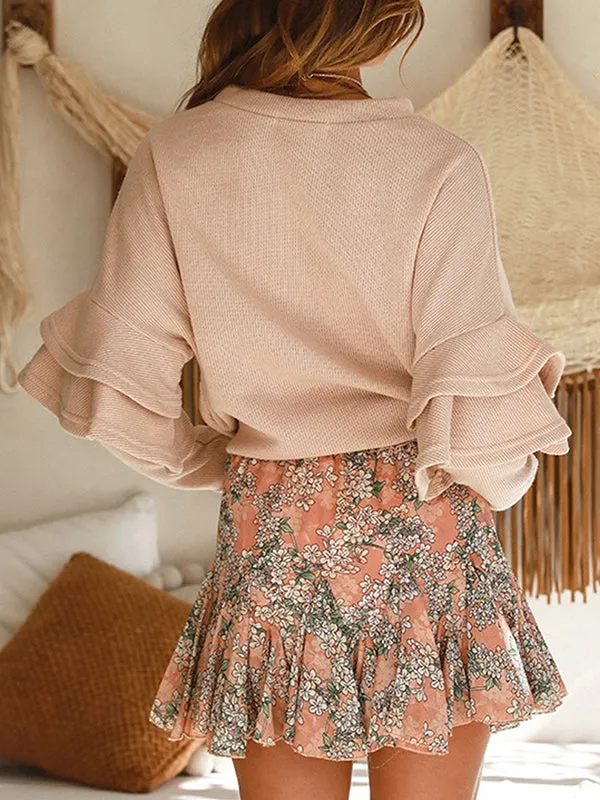 Lotus Leaf Flare Stitching Long Sleeve Loose Round Neck Knit Top