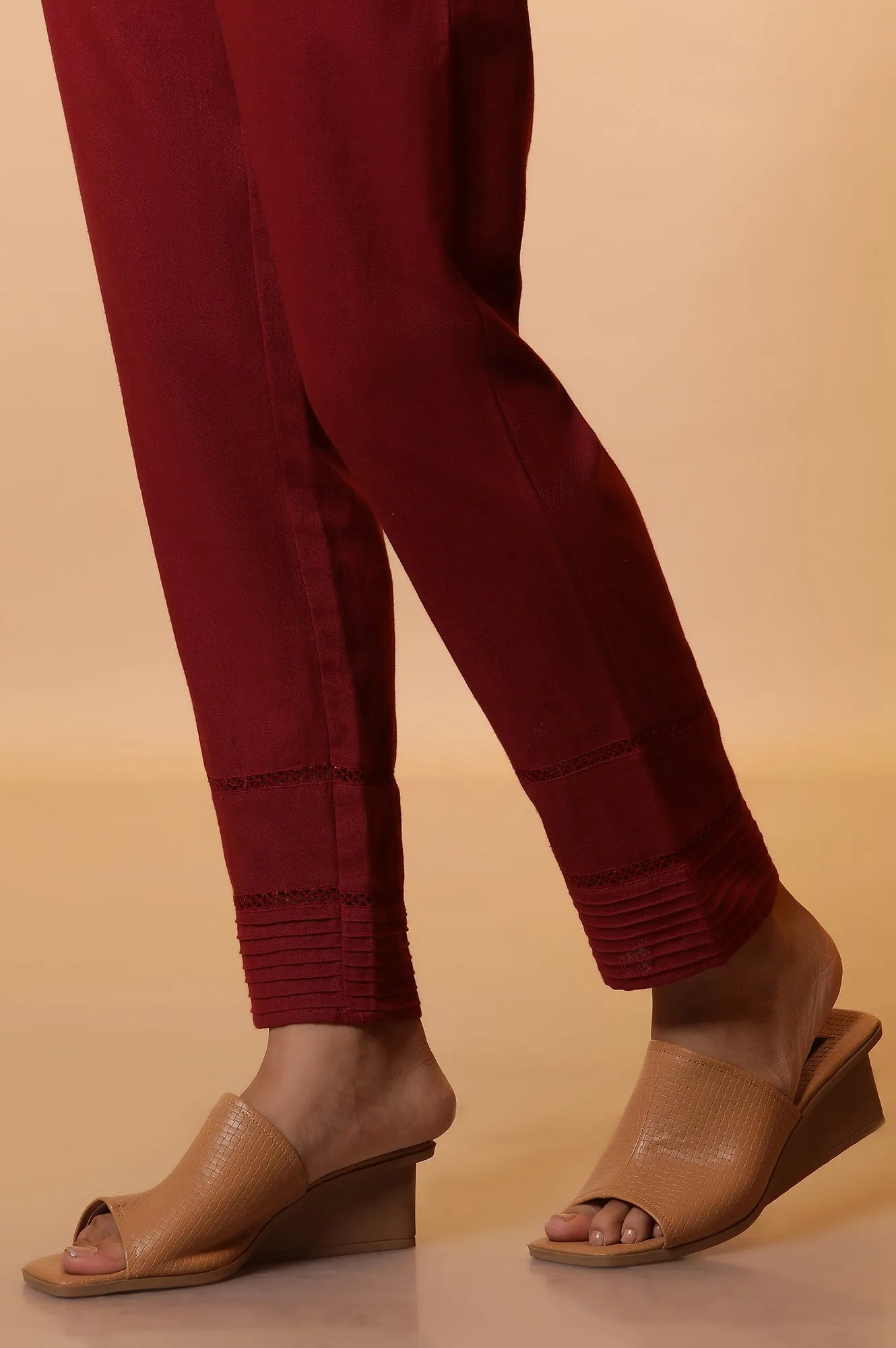 Maroon Lace Insert Pintuck Trousers