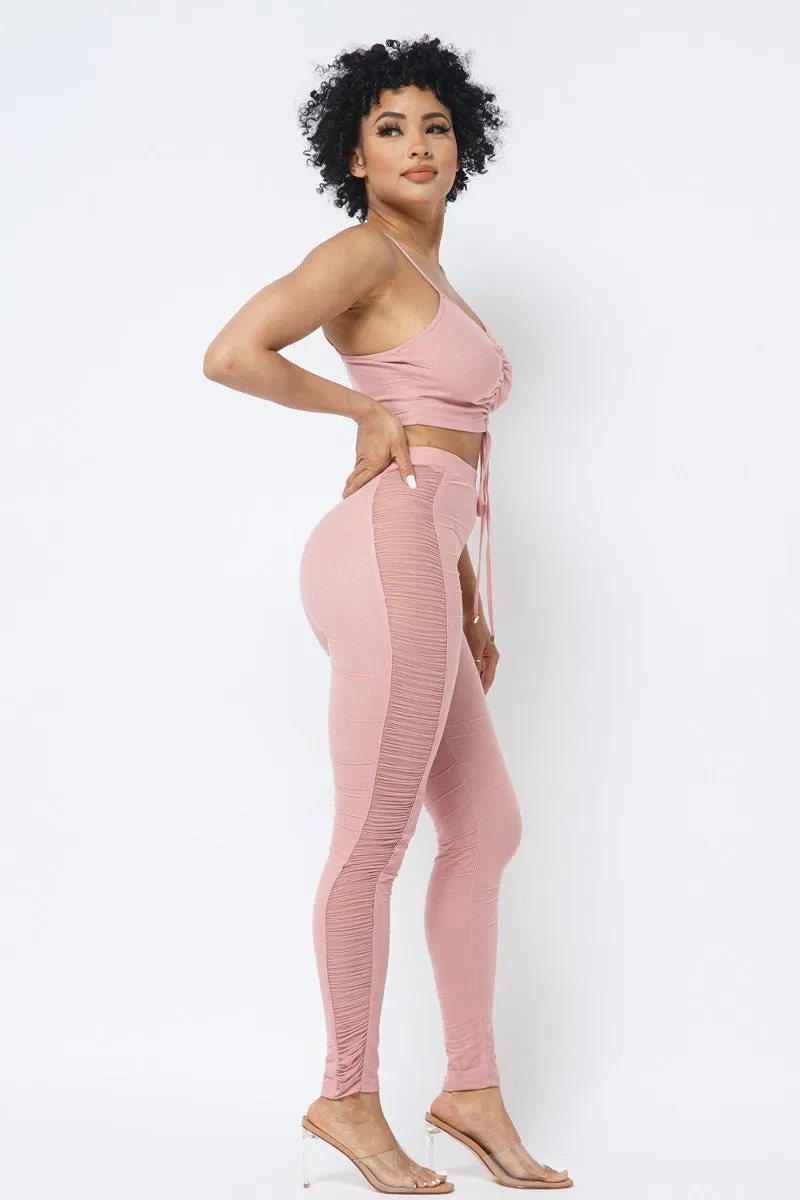 Mesh Strappy Adjustable Ruched Crop Top With Matching See Through Side Panel Leggings