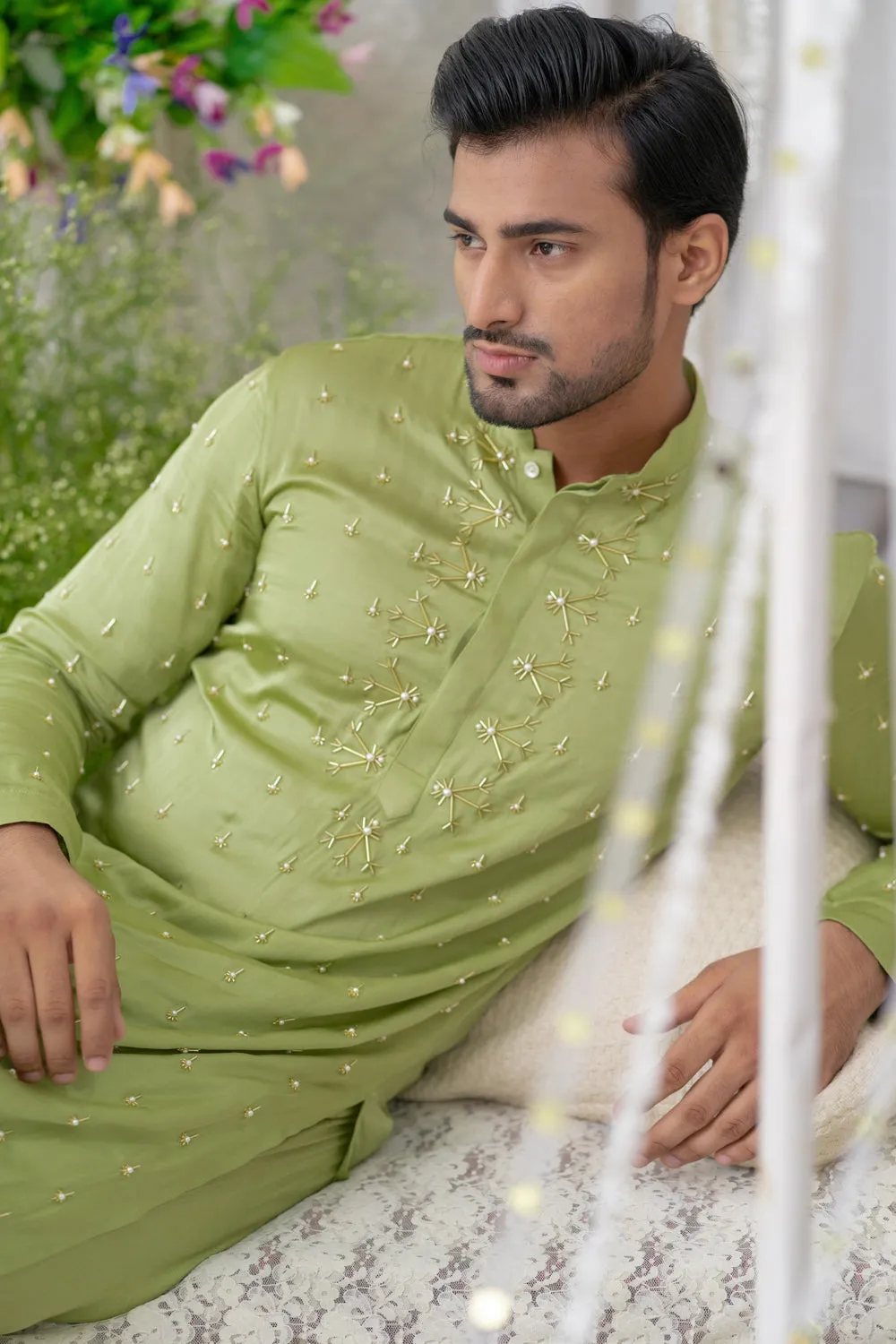 Moss Greencutpipe Embroidered Kurta Sets