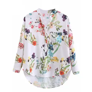 Multicolor V Neck Floral Print Tops Blouses Casual Shirts For Women Vogue Long Sleeve Buttons Dip Hem Blouse