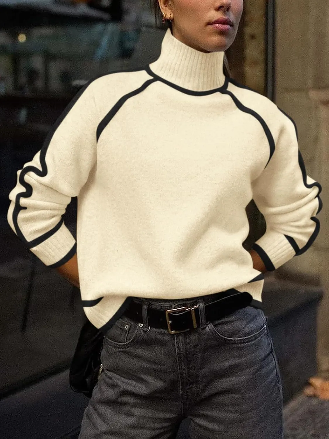 NALANISA Women's Turtleneck Sweaters Casual Long Sleeve Color Block Knit Lightweight Pullover Sweater Tops 2024 Fall Clothes